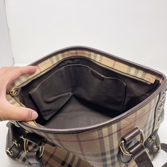 Burberry Brown Beige Haymarket Check Canvas Regent Grommet Tote Bag Double Strap - Picture 14 of 16